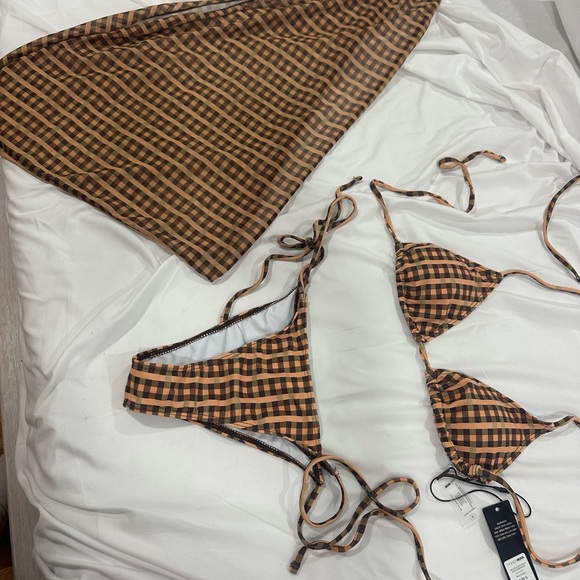Brown Checkered Bikini Set with Skirt - Picture 1 of 2